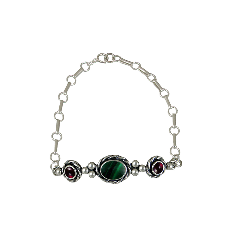 Sterling Silver Gemstone Adjustable Chain Bracelet With Malachite And Garnet